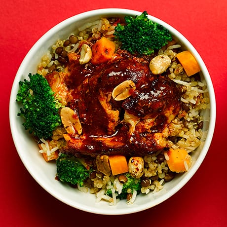 Korean style pork belly strips with sticky rice & quinoa bowl