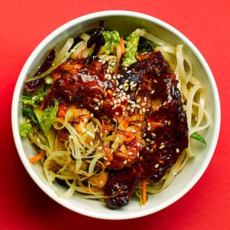 Korean style pork belly strips with rice noodle salad | Bidfood recipes