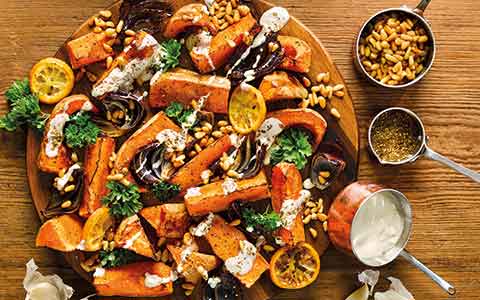 Roasted squash & za’atar salad topped with pine nuts - Bidfood