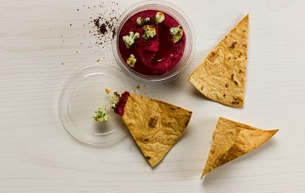 Beetroot Hummus with baked Harissa tortilla triangles | Bidfood