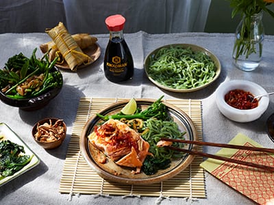 Sticky ginger and chilli crusted salmon with soy fried greens - Bidfood