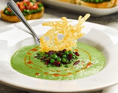Pea and chorizo soup with parmesan crisp | Bidfood recipes
