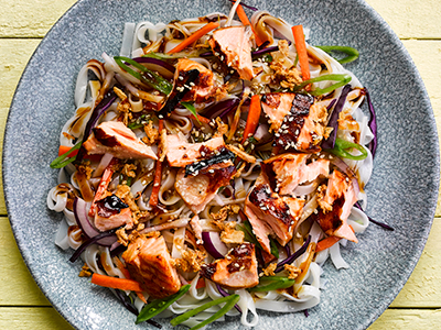 Grilled Asian salmon with rice noodle salad