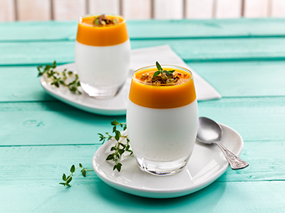 Mango & coconut panna cotta with crushed pistachio crumb - Bidfood