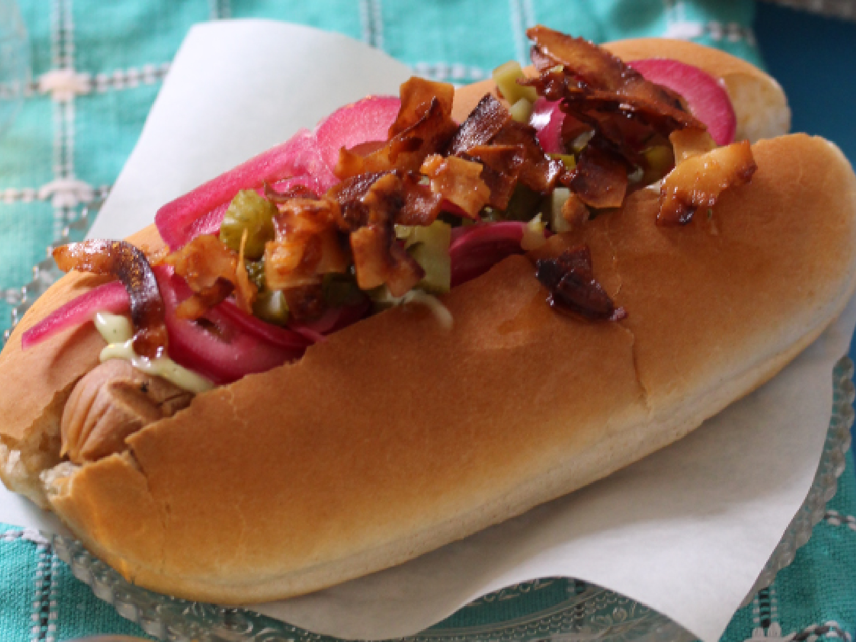 Fry’s hot dogs with pickled pink onions and coconut bacon - Bidfood