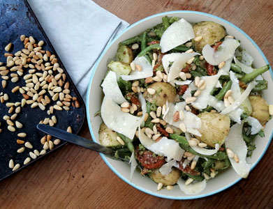 Roasted green bean salad with Jersey royals, balsamic tomatoes and basil & loveage pesto - Bidfood