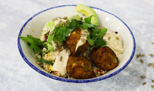 Mixed grains & giant cous cous salad with sweet potato falafel, kale, avocado & tahini lemon dressin