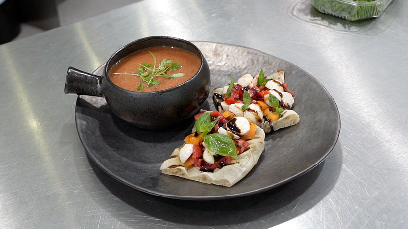 Mozzarella, tomato and basil bruschetta with chilled gazpacho - Bidfood