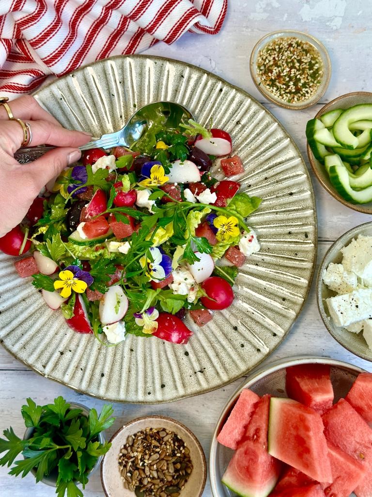 Feta and pickled melon salad with a honey chilli and sesame dressing | Bidfood recipe