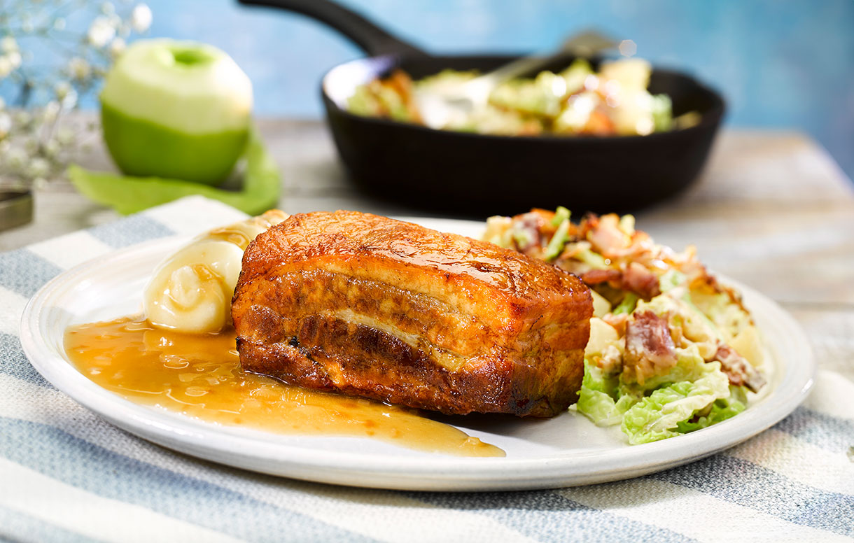 Belly pork, bacon cabbage, apples and mash Bidfood