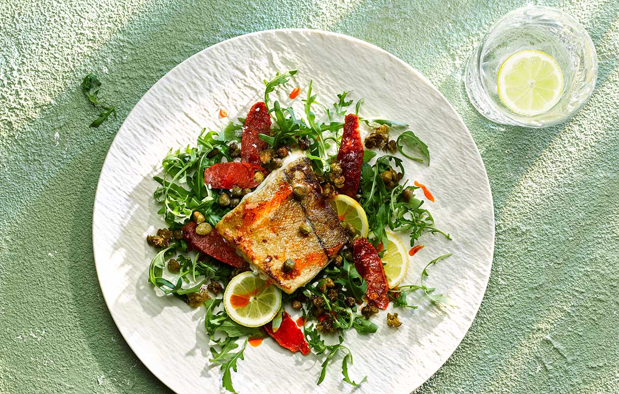 Panroasted haddock finished with crispy chorizo, capers and lemon