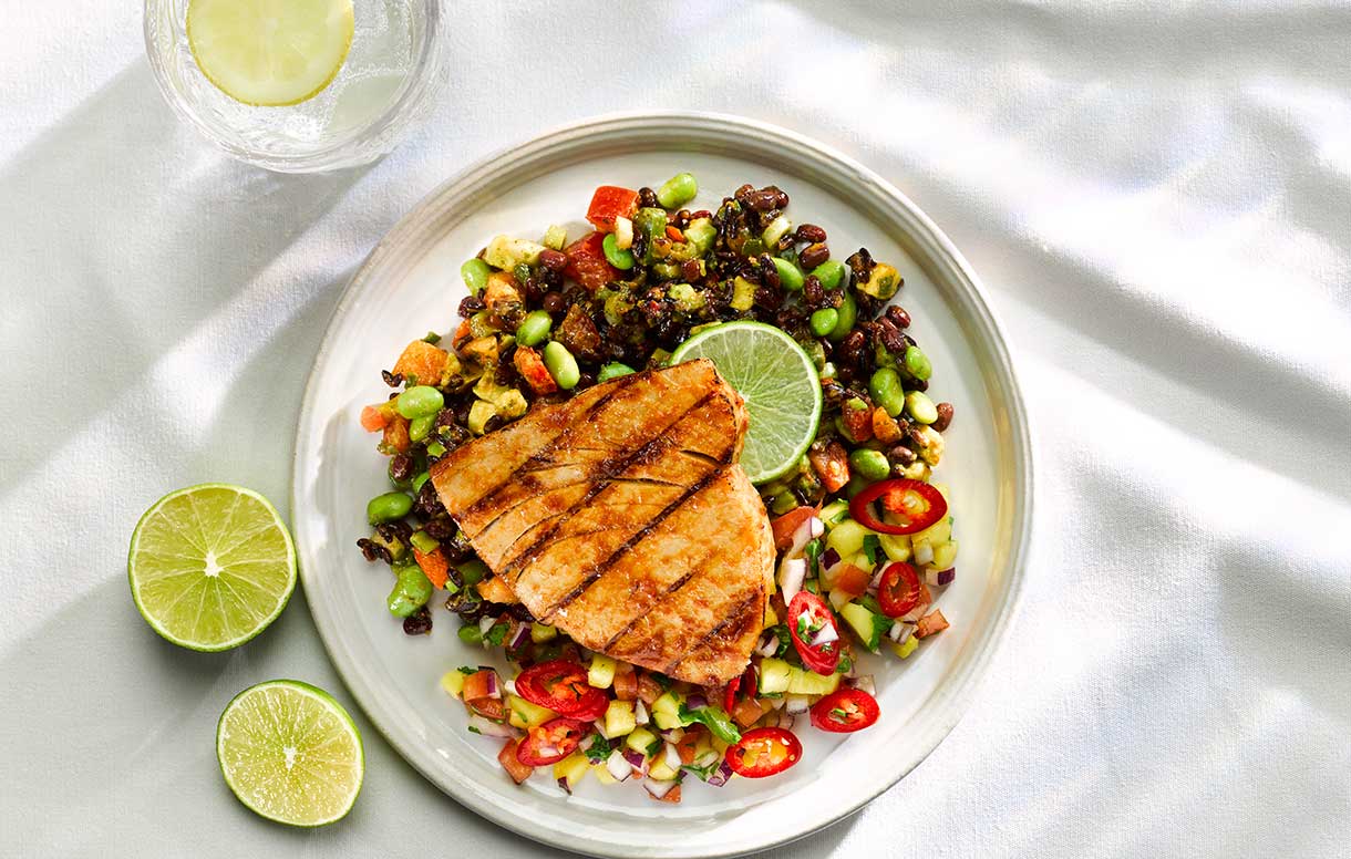 Tamarind glazed tuna steak with black rice, avocado, adzuki bean salad and mango salsa - Bidfood